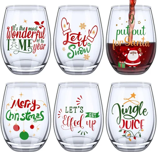 Funtery 6 Piezas Vasos de Vino de Navidad sin Tallo, Divertido Juego de Regalo de Navidad para Maestros, Hombres, Mujeres, Familia, Amigos,