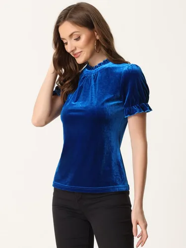 Miniatura 4 de Allegra K Camisa navideña con cuello de volantes para mujer, blusa de terciopelo de manga corta