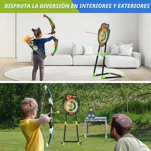 Miniatura 7 de HYES Paquete de 2 arcos y flechas para niños, juego de tiro con luz LED con 24 flechas de ventosa, 1 objetivo de pie, 6 objetivos de puntuación y 2