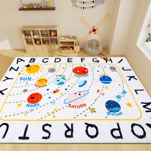Miniatura 11 de ABC Space - Alfombra para niños, 3 pies 3 pulgadas x 4 pies 11 pulgadas, antideslizante, alfabeto, alfombra lavable, alfombra de felpa suave