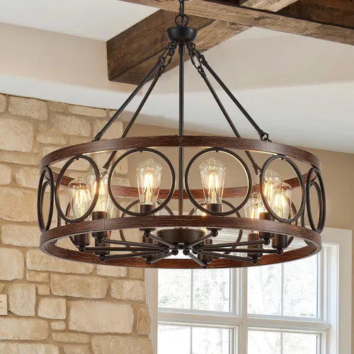 Miniatura 20 de Lámpara colgante de tambor de granja de 4 luces, 12.6 pulgadas, textura de madera natural, candelabros rústicos vintage, lámparas colgantes 12.6in-4