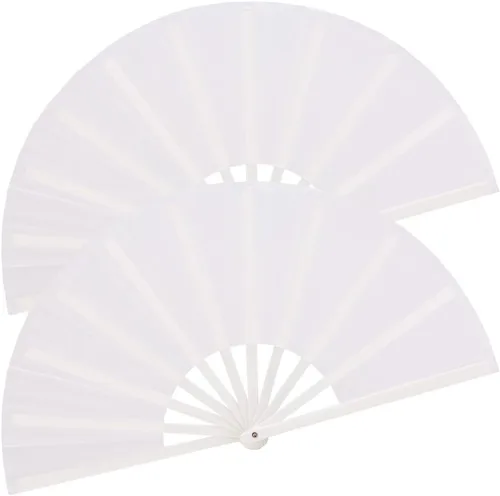 Paquete de 2 ventiladores de mano plegables grandes, ventilador chino blanco de tela de nailon de Kung Fu Tai Chi para hombres y mujeres, actuación,