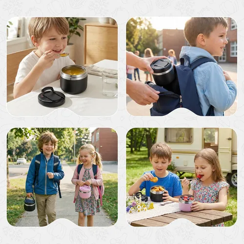 Miniatura 7 de MAXSO Tarro de comida aislado al vacío de 14 onzas con tapa de hebilla de cuchara, termo de sopa para niños para comida caliente, boca ancha, Negro