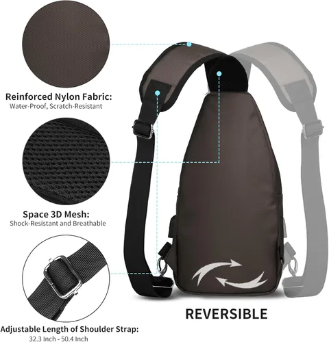 Miniatura 4 de AMJ Bolso cruzado tipo bandolera para hombres y mujeres, mochila de hombro casual, mochila de pecho tipo morral para senderismo y viajes Marrón