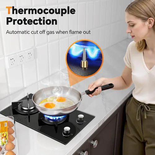 Miniatura 4 de Estufa de Gas de 2 Quemadores, Placa de Cocina de Propano de 12 Pulgadas, Placa de Cocina de Gas Empotrable de Vidrio Templado Negro con Protección