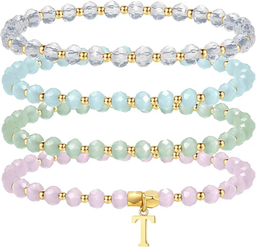 Miniatura 12 de IEFWELL Pulseras con iniciales para niñas y niños – Juego de 4 pulseras de cristal rosa/azul/blanco/verde, pulsera elástica para niños, joyería