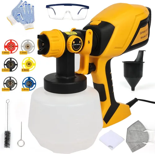 Pulverizador de pintura HVLP de 1000 W, pistola eléctrica de alta eficiencia con 6 boquillas, 3 patrones y flujo ajustable, recipiente desmontable