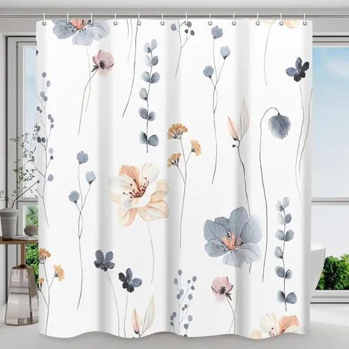 WITHLOC - Juego de cortinas de ducha lavables con flores/plantas de primavera en acuarela color azul y beige para decoración moderna/campestre de