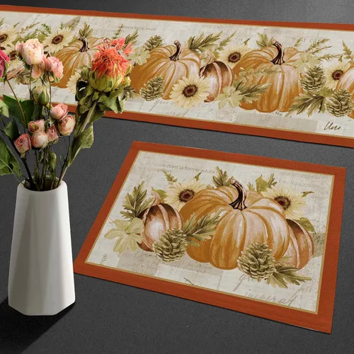 Juego de 6 caminos de mesa y manteles individuales con diseño de calabazas de acuarela, color naranja otoñal, juego de tapetes de comedor de lino