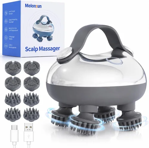 Masajeador eléctrico portátil para cuero cabelludo con calor, recargable IPX7, impermeable, con 100 nodos de amasamiento, 3 modos de velocidad, 2