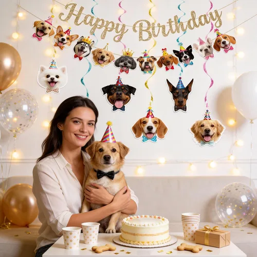 Miniatura 5 de Alynta Cartel de feliz cumpleaños con texto en inglés "Dog Happy Birthday", decoración de fiesta de cumpleaños con purpurina dorada NO DIY, cartel