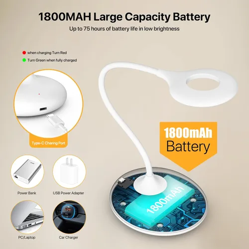 Miniatura 4 de Lámpara de escritorio recargable inalámbrica con 3 modos de color, control táctil, lámpara de mesa de 30 LED, luz de lectura de atenuación continua