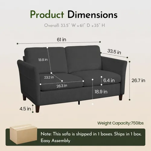 Miniatura 2 de Valthie Sofá Loveseat de Pana de 60.6", Sofás Modernos y Cómodos con Bolsillo Lateral, Sofá de 2 Plazas para Sala de Estar, Dormitorio y Espacios