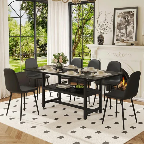 Miniatura 11 de Juego de mesa de comedor MUUOKY para 6, mesa de cocina y sillas para 6, superficie de mesa de piedra sinterizada con 6 sillas de comedor modernas