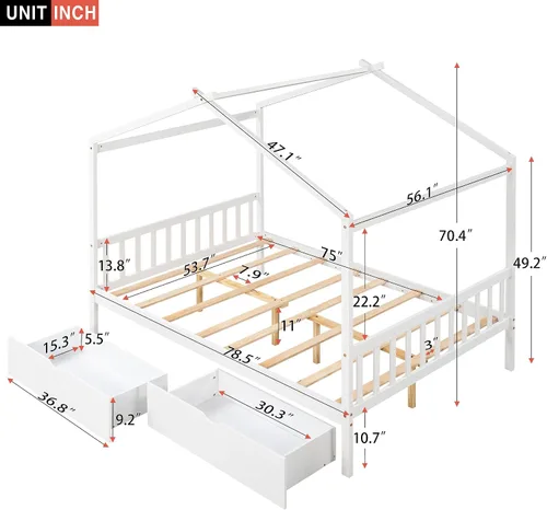 Miniatura 2 de P PURLOVE Cama de casa de tamaño matrimonial para niños, adolescentes, plataforma de almacenamiento de madera con cajones, cabecero y estribo, cama