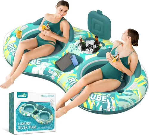 Sunikko X 5-in-1 Pool Floats Adult Heavy Duty River Tube, 2 Person Water Lounge Tanning Pool with Backrests, Built-in Cooler, Cup Holders, Deluxe