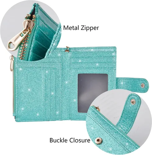Miniatura 6 de Billeteras RFID pequeñas y compactas de cuero plegable con cremallera para mujer