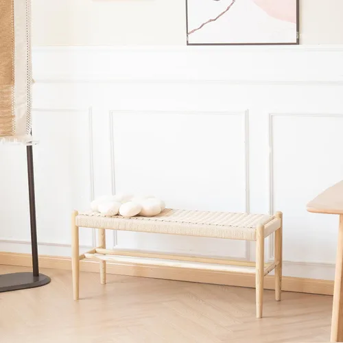 Miniatura 13 de Banco de madera maciza para entrada con almacenamiento para zapatos, diseño rústico en roble y tejido, 39.4 pulgadas de largo, asiento para sala