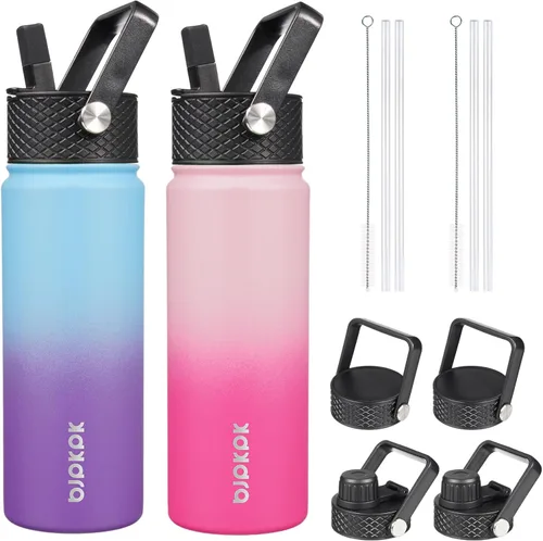 Miniatura 8 de BJPKPK Paquete de 2 botellas de agua aisladas con tapas con pajita, botella de agua de metal de acero inoxidable de 18oz con 6 tapas, jarras a