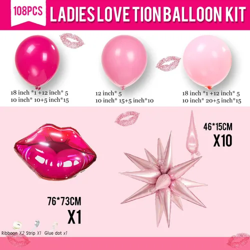 Miniatura 7 de Kit de arco de guirnalda de globos rosa y rojo, 108 piezas con globos de labios de estrella de aluminio para niñas, mujeres, cumpleaños, día