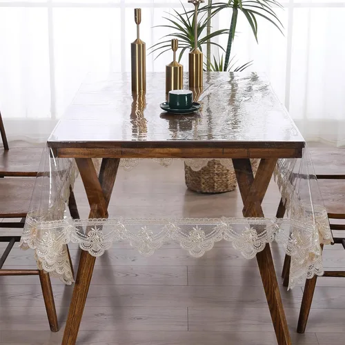 Miniatura 10 de Mantel rectangular de plástico transparente de vinilo impermeable, borde de encaje bordado, mantel transparente para comedor, cocina al aire libre