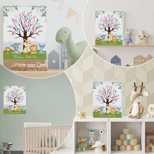 Miniatura 5 de Azbuk Libro de Invitados de Árbol de Huellas Dactilares para Revelación de Género para Baby Shower, Lienzo de Libro de Invitados de Huellas Animales