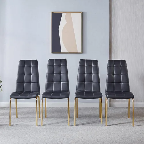 Miniatura 2 de Juego de 4 sillas de comedor de piel sintética, modernas sillas de comedor negras con patas de metal dorado y respaldo ergonómico, tapizadas