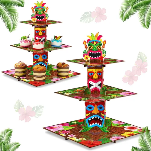 Zopeal Soporte hawaiano de 3 niveles para cupcakes Tiki Torch Cupcake Holder Luau Theme Cake Holder Decoración Tropical Tarta Postre Soporte para