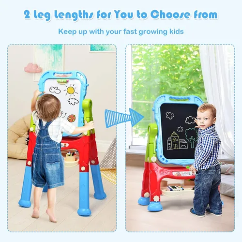Miniatura 2 de Costzon Caballete de arte para niños, altura ajustable con rotación de 360°, tablero de dibujo de doble cara con pizarra y pizarra blanca, juego