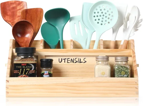 Miniatura 2 de Innovation Soporte para utensilios de cocina para encimera con 5 compartimentos, organizador de utensilios con asas, soporte de utensilios de madera