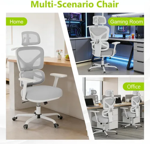 Miniatura 7 de Silla de oficina ergonómica de malla con soporte lumbar y reposacabezas, silla de computadora con respaldo alto con reposabrazos y bloqueo de negro