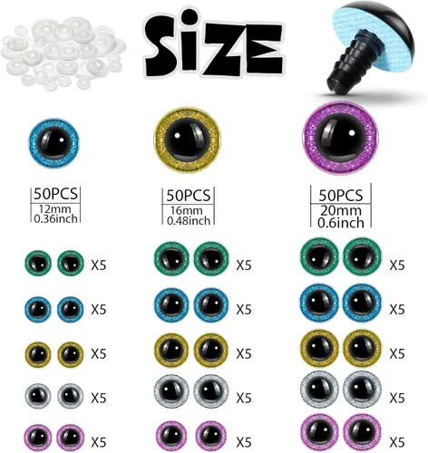 Miniatura 2 de 150 ojos de seguridad grandes para ojos de seguridad Amigurumi de ganchillo de 0.46/0.78/0.78 pulgadas (12/16/0.787 in) con purpurina para animales