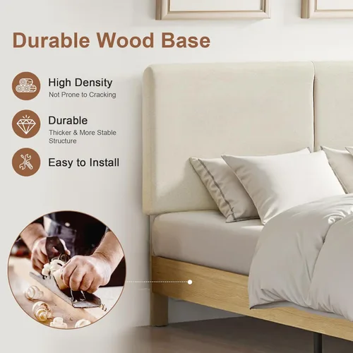 Miniatura 5 de VECELO Marco de Cama Matrimonial Tapizado Camas Plataforma con Cabecera de Algodón y Lino Ajustable en Altura, Listones de Madera Resistente, 6