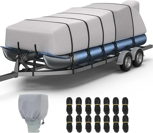 Miniatura 11 de RVMasking Cubierta para barco pontón con cubierta para motor, 1400D resistente reforzada en el medio, cubierta impermeable para barco de grado