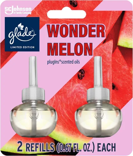 Glade PlugIns - Repuesto de ambientador, Wonder Melon, aceites esenciales y perfumados para el hogar y el baño, 0.67 onzas líquidas, 2 unidades