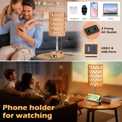 Miniatura 6 de Lámparas de mesa de ratán para sala de estar, lámparas táctiles regulables de 3 vías, lámparas de noche pequeñas con bombillas LED, soporte