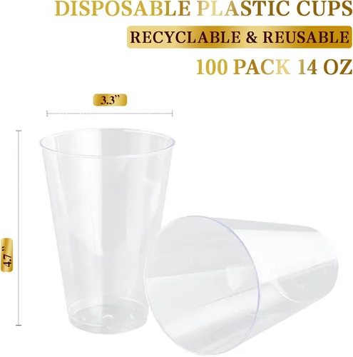 Miniatura 7 de FOCUSLINE Paquete de 100 vasos de plástico transparente de 14 onzas, vasos desechables grandes de plástico reutilizables, vasos transparentes 14 oz