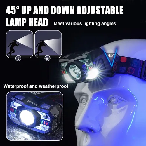Miniatura 6 de Linterna frontal recargable, 1200 lúmenes súper brillante LED con sensor de movimiento, 10 modos, impermeable, ligera, linterna con luz roja