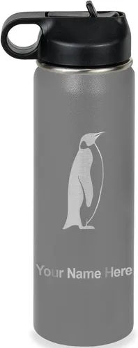 Miniatura 19 de LaserGram Botella de agua personalizada, pingüino, acero inoxidable de doble pared aislada al vacío con popote superior, regalo grabado