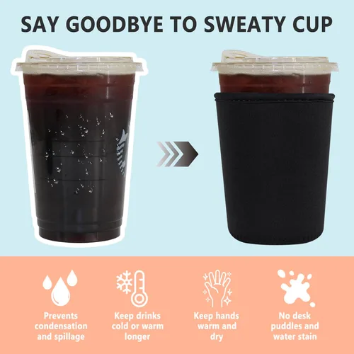 Miniatura 4 de Paquete de 3 fundas reutilizables para café helado - Xumbtvs funda aislante para bebidas frías, soporte de taza de café de neopreno (negro)