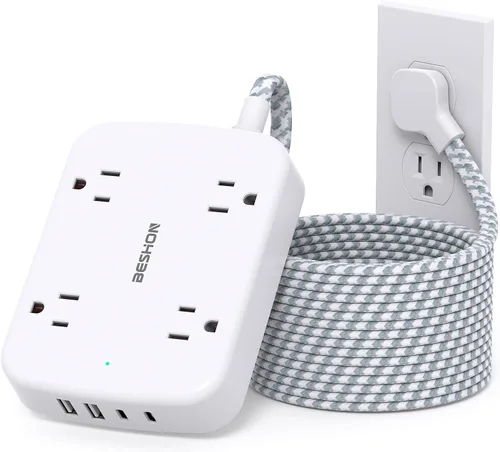 Regleta de alimentación con protector de sobretensiones de 10 pies, cable de extensión plano con 2 USB C, regleta de alimentación de enchufe plano,