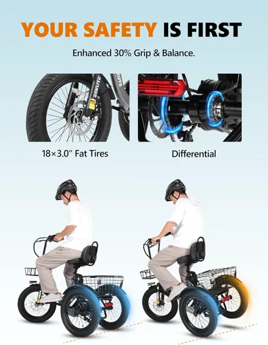 Miniatura 3 de Bicicleta eléctrica para adultos, triciclo de 1200 W de potencia máxima y batería extraíble de 499.2 Wh, neumáticos gruesos de 18x3.0, bicicleta