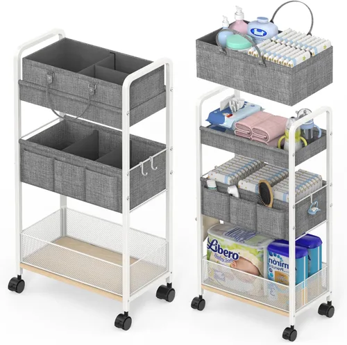 Miniatura 11 de LIDTOP Carrito de pañales 2 en 1 y carrito de pañales rodante de 3 niveles, carrito organizador de pañales con divisores, carrito móvil de metal