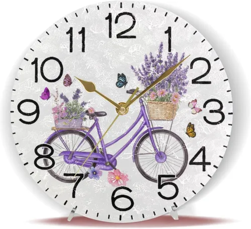 Miniatura 6 de ALAZA Reloj de pared violeta para bicicleta, color lavanda, flores moradas, con mariposas, funciona con pilas, sin tictac, cuarzo silencioso