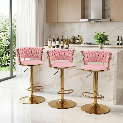 Miniatura 6 de Velvet Bar Stools Set of 1, Swivel Counter Height Barstools with Woven Backrest, Adjustable Height Bar Stools for Kitchen Island, Home Bar, Pub