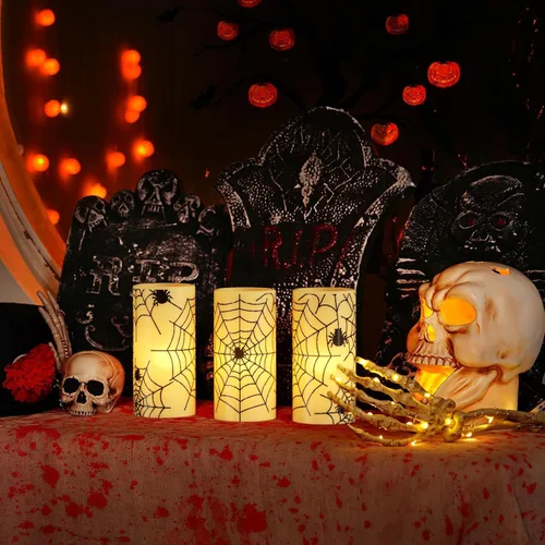 Miniatura 6 de Eldnacele - Velas parpadeantes de Halloween sin llama con temporizador, velas de cera real con calcomanías de telaraña, juego de 3 velas LED
