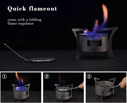 Miniatura 5 de Boundless Voyage Estufa de alcohol de titanio con cubierta contra incendios, estufa de leña al aire libre con soportes, para camping, Juego