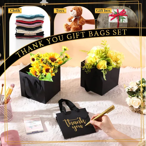 Miniatura 6 de Windyun 25 mini bolsas de regalo de papel con asa de 6 x 6 x 6 pulgadas, pequeñas bolsas cuadradas con etiqueta de agradecimiento para Navidad