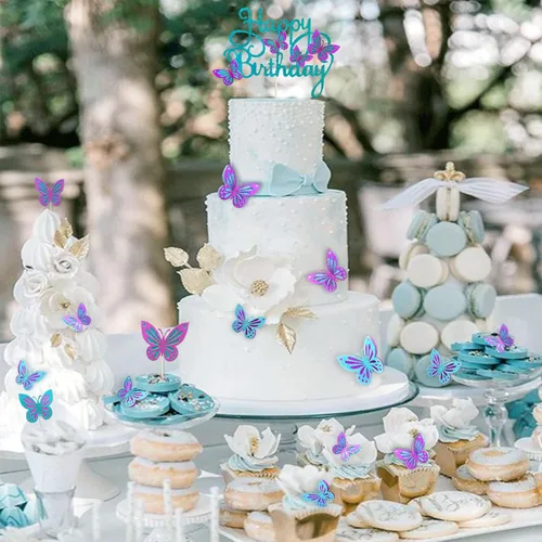 Miniatura 6 de 13 adornos de mariposa para tartas, adornos 3D para cupcakes para niñas y cumpleaños de mujeres (azul y morado)