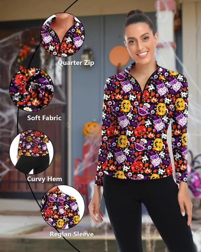Miniatura 72 de WOWENY Camiseta deportiva de manga larga para mujer, con cremallera de un cuarto, cuello para entrenamiento, camiseta de tenis con estampado